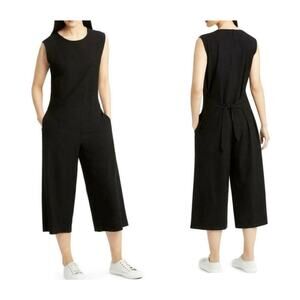 Eileen Fisher Wide Leg Crop Jumpsuit Black Crepe Back Zip Tie Waist Size Medium